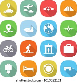 flat vector icon set - car pointer vector, journey, drawbridge, pyramid, geo pin, sea shipping, earth, plane, bike, tourist, detector, suitcase, baggage get, bed, orbit, trailer