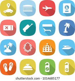 flat vector icon set - car pointer vector, airport building, plane, passport, ticket, suitcase, lounger, palm, island, hawaiian wreath, hotel, yacht, flip flops, service bell, do not distrub