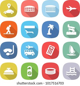 flat vector icon set - car pointer vector, airport building, plane, tourist, lounger, palm, aquapark, diving mask, transfer, inflatable mattress, windsurfing, service bell, do not distrub, pool