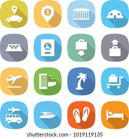 flat vector icon set - car pointer vector, dollar pin, airport building, dome house, taxi, passport, baggage get, departure, hotel, palm, trolley, transfer, yacht, flip flops, bed