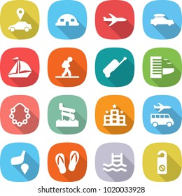 flat vector icon set - car pointer vector, dome house, plane, baggage, sail boat, tourist, suitcase, hotel, hawaiian wreath, aquapark, transfer, golf, flip flops, pool, do not distrub