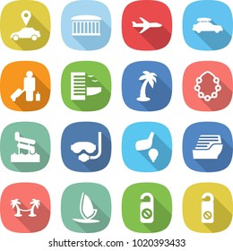 flat vector icon set - car pointer vector, airport building, plane, baggage, passenger, hotel, palm, hawaiian wreath, aquapark, diving mask, golf, cruise ship, hammock, windsurfing, do not distrub
