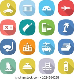 flat vector icon set - car pointer vector, airport building, dome house, plane, ticket, suitcase, hotel, palm, diving mask, transfer, cruise ship, windsurfing, service bell, pool, do not distrub