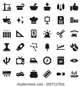 Flat vector icon set - car fetlock vector, shining, cook hat, cereal, school building, corner ruler, compass, presentation, graph, japanese candle, music hit, finger up, eye, scissors, pills, mortar