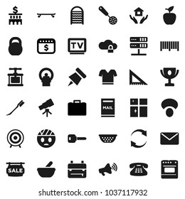 Flat vector icon set - car fetlock vector, washboard, shining window, house hold, colander, cook press, skimmer, mushroom, corner ruler, backpack, apple fruit, telescope, paper pin, award cup, case