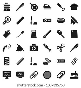 Flat vector icon set - car fetlock vector, iron, steaming, toilet brush, rubber glove, pan, whisk, rolling pin, cutting board, grater, blender, sieve, pen, ruler, first aid kit, crutches, attachment