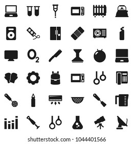 Flat vector icon set - car fetlock vector, cleaning agent, kettle, colander, measuring cup, skimmer, spatula, knife, microwave oven, backpack, telescope, flask, punching bag, fitball, boxing glove