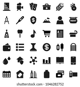 Flat vector icon set - car fetlock vector, washboard, jar, book, drawing compass, music, personal information, graph, cart, japanese candle, credit card, calendar, cereals, breads, hit, antenna