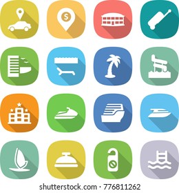 flat vector icon set - car pointer vector, dollar pin, airport building, suitcase, hotel, lounger, palm, aquapark, jet ski, cruise ship, yacht, windsurfing, service bell, do not distrub, pool