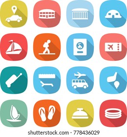 flat vector icon set - car pointer vector, airport building, dome house, sail boat, tourist, passport, ticket, suitcase, lounger, transfer, golf, windsurfing, flip flops, service bell