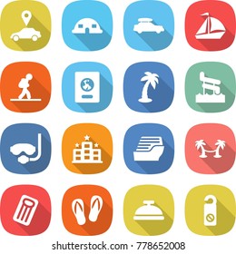 flat vector icon set - car pointer vector, dome house, baggage, sail boat, tourist, passport, palm, aquapark, diving mask, hotel, cruise ship, hammock, inflatable mattress, flip flops, service bell