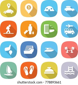flat vector icon set - car pointer vector, dollar pin, dome house, baggage, tourist, passenger, hotel, transfer, golf, cruise ship, yacht, palm hammock, windsurfing, flip flops, service bell, pool