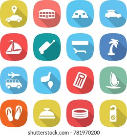 flat vector icon set - car pointer vector, airport building, dome house, baggage, sail boat, suitcase, lounger, palm, transfer, golf, inflatable mattress, windsurfing, flip flops, service bell, pool