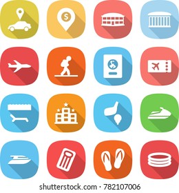 flat vector icon set - car pointer vector, dollar pin, airport building, plane, tourist, passport, ticket, lounger, hotel, golf, jet ski, yacht, inflatable mattress, flip flops, pool