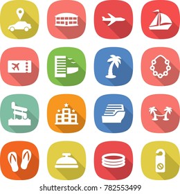 flat vector icon set - car pointer vector, airport building, plane, sail boat, ticket, hotel, palm, hawaiian wreath, aquapark, cruise ship, hammock, flip flops, service bell, inflatable pool