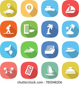 flat vector icon set - car pointer vector, dollar pin, baggage, sail boat, tourist, hotel, palm, island, golf, jet ski, cruise ship, yacht, hammock, inflatable mattress, windsurfing, service bell