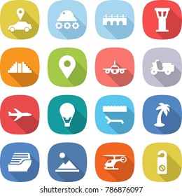 flat vector icon set - car pointer vector, lunar rover, bridge, airport tower, pyramid, geo pin, plane, scooter shipping, air ballon, lounger, palm, cruise ship, landscape, helicopter