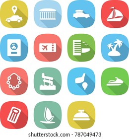 flat vector icon set - car pointer vector, airport building, baggage, sail boat, passport, ticket, hotel, island, hawaiian wreath, aquapark, golf, jet ski, inflatable mattress, windsurfing