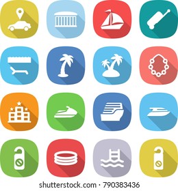 flat vector icon set - car pointer vector, airport building, sail boat, suitcase, lounger, palm, island, hawaiian wreath, hotel, jet ski, cruise ship, yacht, do not distrub, inflatable pool