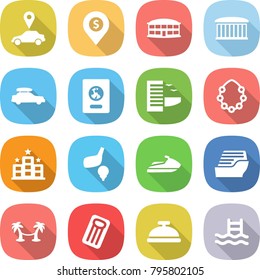 flat vector icon set - car pointer vector, dollar pin, airport building, baggage, passport, hotel, hawaiian wreath, golf, jet ski, cruise ship, palm hammock, inflatable mattress, service bell, pool