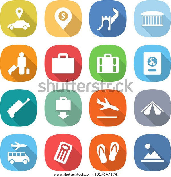 flat vector icon set - car pointer vector,\
dollar pin, greate wall, airport building, passenger, suitcase,\
passport, baggage get, arrival, tent, transfer, inflatable\
mattress, flip flops,\
landscape