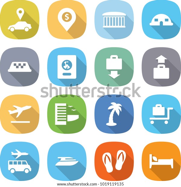 flat vector\
icon set - car pointer vector, dollar pin, airport building, dome\
house, taxi, passport, baggage get, departure, hotel, palm,\
trolley, transfer, yacht, flip flops,\
bed