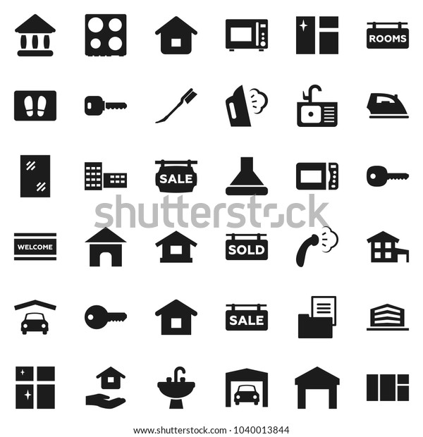 Flat vector icon set - car fetlock vector, window\
cleaning, welcome mat, iron, steaming, shining, house hold, sink,\
microwave oven, school building, university, warehouse, key,\
cottage, garage, sold