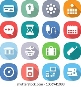 flat vector icon set - card vector, bulb head, round around, sun power, balloon, sand clock, dropper, calendar, airport building, plane shipping, suitcase, barometer, speaker, data transfer