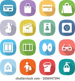 flat vector icon set - card vector, shopping bag, credit, cleanser, identity, power socket, switch, window, coil, 3d glasses, garbage, trash, foam bucket, liquid soap