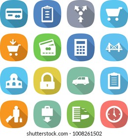 flat vector icon set - card vector, clipboard, core splitting, cart, add to, credit, calculator, bridge, mansion, lock, car shipping, passenger, baggage get, hotel, watch