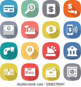 flat vector icon set - card vector, dollar magnifier, receipt, investment, money, cashbox, message, phone pay, hand coin, pin, library, invoice, credit, safe