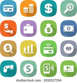 flat vector icon set - card vector, coin stack, dollar, magnifier, investment, wallet, money bag, arrow, graph up, tap to pay, crypto currency, hand, mobile, credit