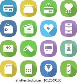 flat vector icon set - card vector, purse, tap to pay, cardio chip, wallet, credit, pacemaker, archive, label, atm, identity, sd, sim, sheep, please clean