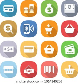 flat vector icon set - card vector, coin stack, money bag, dollar arrow, phone pay, add to cart, basket, credit, remove from, market, sale, bar code