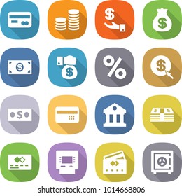 flat vector icon set - card vector, coin stack, investment, money bag, gift, percent, dollar arrow, credit, library, atm, safe