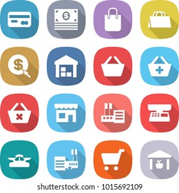 flat vector icon set - card vector, money, shopping bag, dollar arrow, warehouse, basket, add to, delete cart, shop, store, market scales, mall