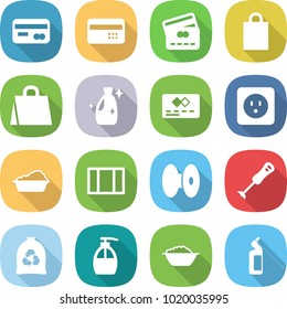 flat vector icon set - card vector, credit, shopping bag, cleanser, power socket, washing, window, coil, blender, garbage, liquid soap, foam basin, toilet