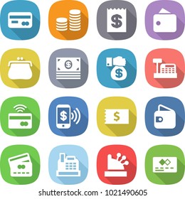 flat vector icon set - card vector, coin stack, receipt, wallet, purse, money, gift, cashbox, tap to pay, phone, credit