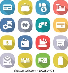 flat vector icon set - card vector, purse, money gift, cashbox, virtual mining, crypto currency, hand coin, credit, receipt, wallet, atm, office, bank