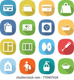 flat vector icon set - card vector, shopping bag, credit, power socket, washing, window, coil, blender, garbage, trash, liquid soap, foam basin