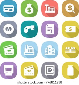 flat vector icon set - card vector, money bag, cashbox, dollar arrow, crypto currency, hand coin, account balance, receipt, credit, building, atm, safe, bank
