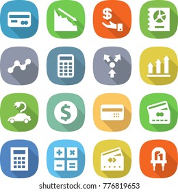 flat vector icon set - card vector, crisis, investment, annual report, graph, calculator, core splitting, up, electric car, dollar coin, credit, led