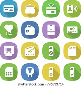 flat vector icon set - card vector, purse, tap to pay, pass, cardio chip, wallet, archive, credit, atm, do not distrub, sd, sim, sheep, please clean