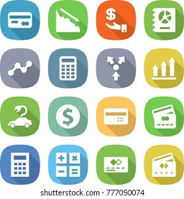 flat vector icon set - card vector, crisis, investment, annual report, graph, calculator, core splitting, up, electric car, dollar coin, credit