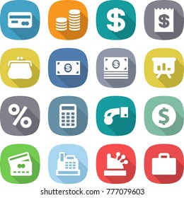 flat vector icon set - card vector, coin stack, dollar, receipt, purse, money, presentation, percent, calculator, hand, credit, cashbox, suitcase