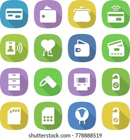flat vector icon set - card vector, wallet, purse, tap to pay, pass, cardio chip, credit, archive, label, atm, do not distrub, sd, sim, sheep