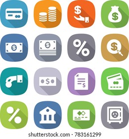 flat vector icon set - card vector, coin stack, investment, money bag, percent, dollar arrow, hand, account balance, credit, library, safe
