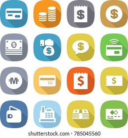 flat vector icon set - card vector, coin stack, receipt, dollar, money, gift, message, tap to pay, crypto currency, credit, wallet, cashbox