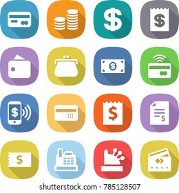 flat vector icon set - card vector, coin stack, dollar, receipt, wallet, purse, money, tap to pay, phone, credit, account balance, cashbox