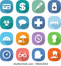 flat vector icon set - card vector, dollar, medical thermometer, pills bottle, biohazard, brain, cross, bridge, hangare, insurance, compass, bulb, barometer, 3d glasses, cook glove, housing